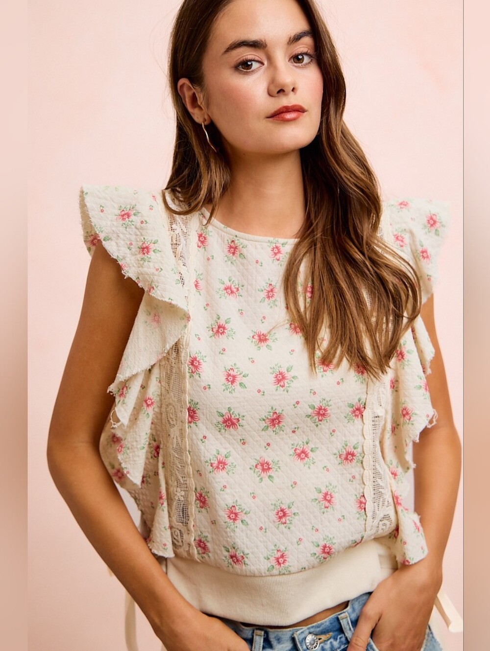 BiBi Flower Printed Ruffle Sleeve Trim Lace Detail Top- Red Flower - Picture 7 of 11